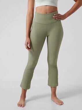 Athleta M eucalyptus olive Elation Rib Crop Flare pant legging tight soft yoga